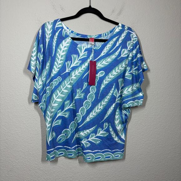 Before+Again Size Small Dolman Sleeves Shirt Top Blue Leaves Print Pullover - Picture 1 of 7